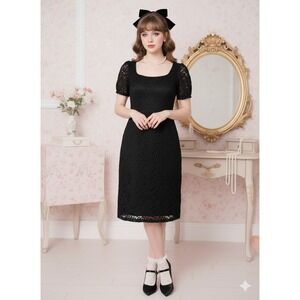 Vintage Soprano Black Floral Lace Mini Dress S Puffed Sleeve Coquette Y2K Grunge